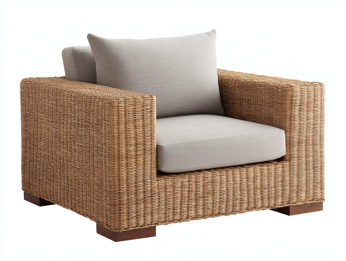 Fauteuil de jardin - Rotin-Bois-Tissu - 94 x 90 x 80 cm - Naturel-Beige-Brun - Style contemporain