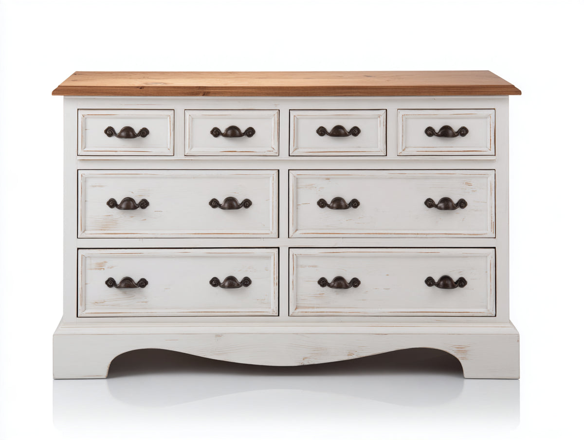 Commode - Bois-MDF - 136 x 45 x 87 cm - Blanc-Bois naturel - Style campagne vintage
