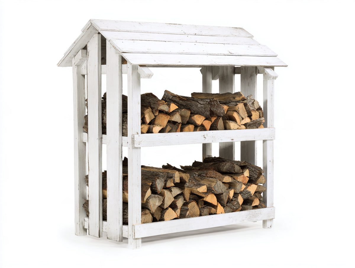 Abri à bûches - Bois massif - 145 x 70 x 185 cm - Blanc vieilli - Style rustique
