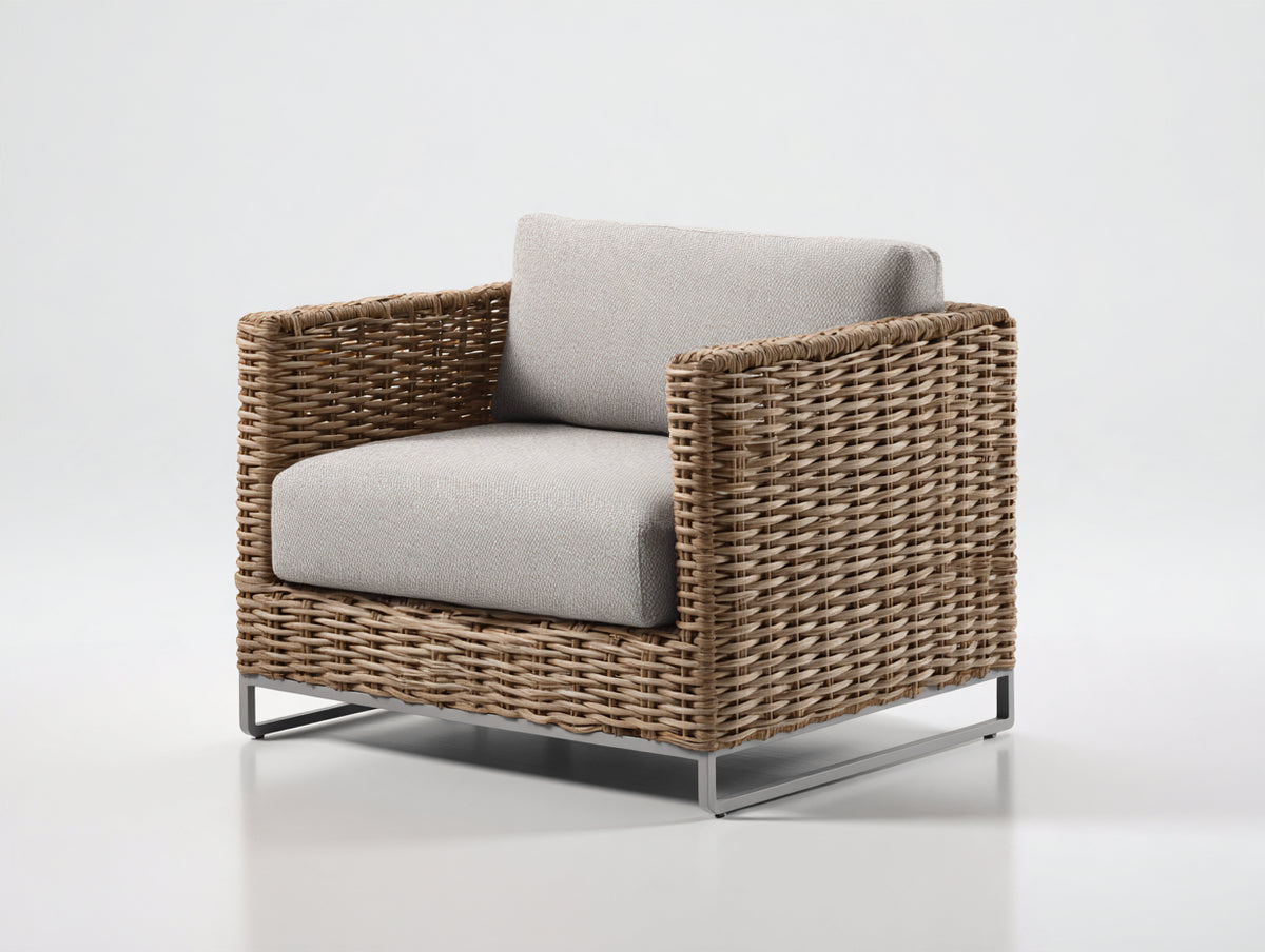 Fauteuil de jardin - Résine tressée-Métal-Tissu - 82 x 78 x 74 cm - Naturel-Beige-Anthracite - Style contemporain