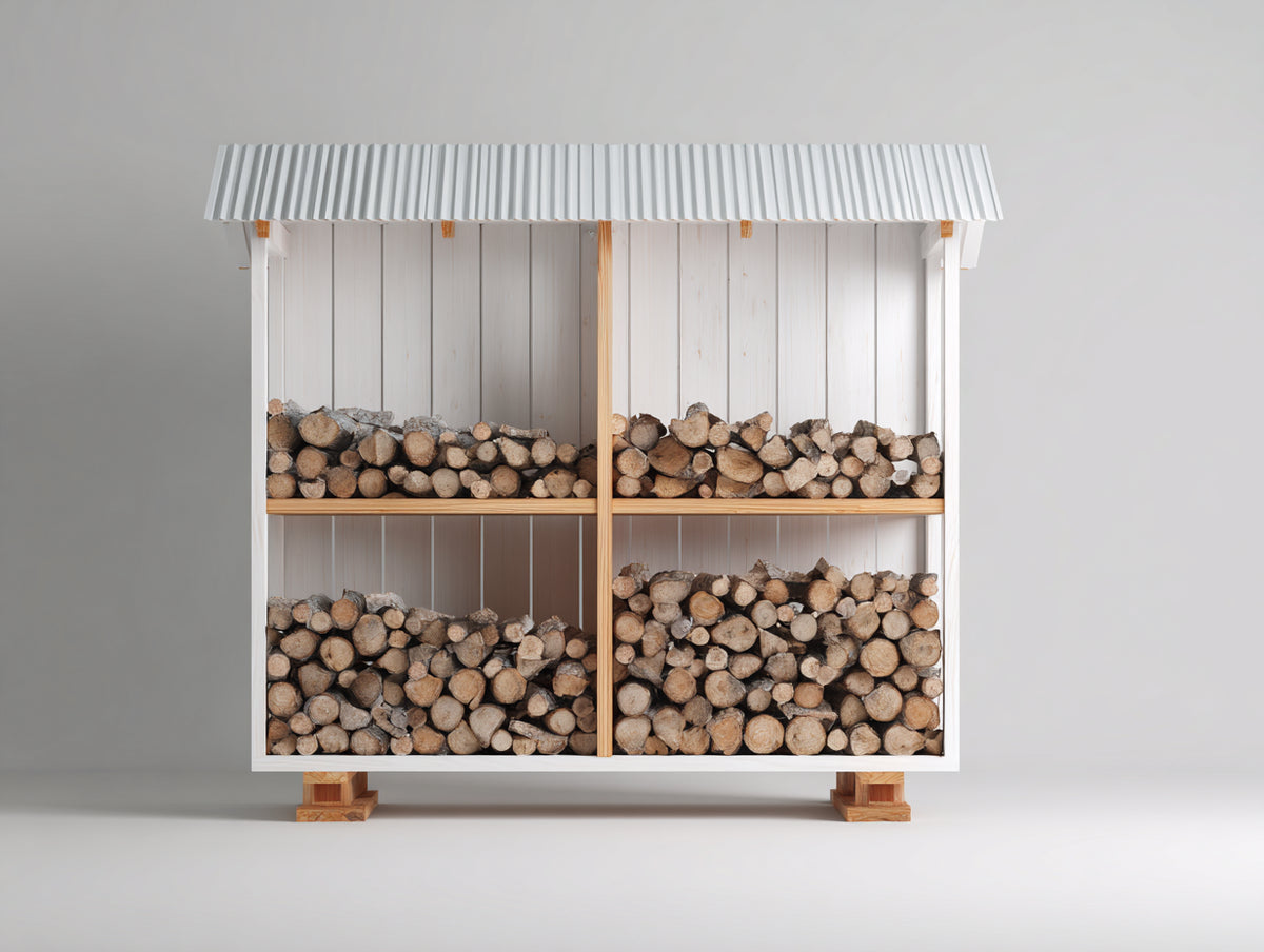 Abri à bûches - Bois massif-Métal - 200 x 75 x 190 cm - Blanc-Bois naturel-Gris clair - Style campagne