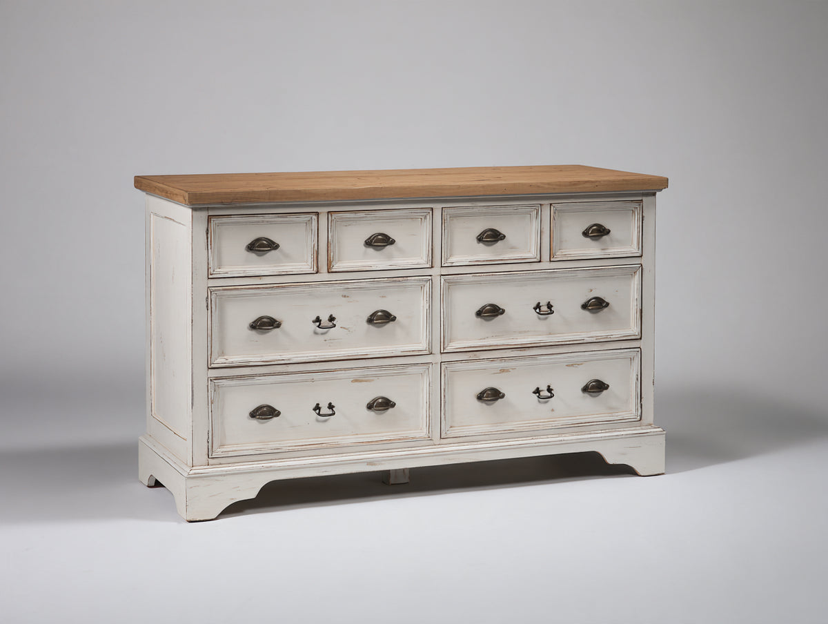 Commode - Bois - MDF - 134 x 45 x 86 cm - Blanc-Bois naturel - Style campagne rustique