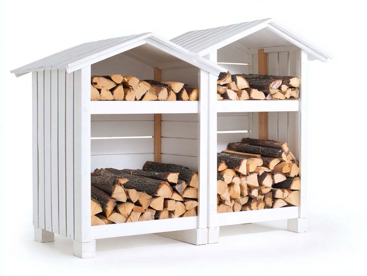 Abri à bûches - Bois massif-Métal - 210 x 80 x 190 cm - Blanc-Gris clair - Style chalet