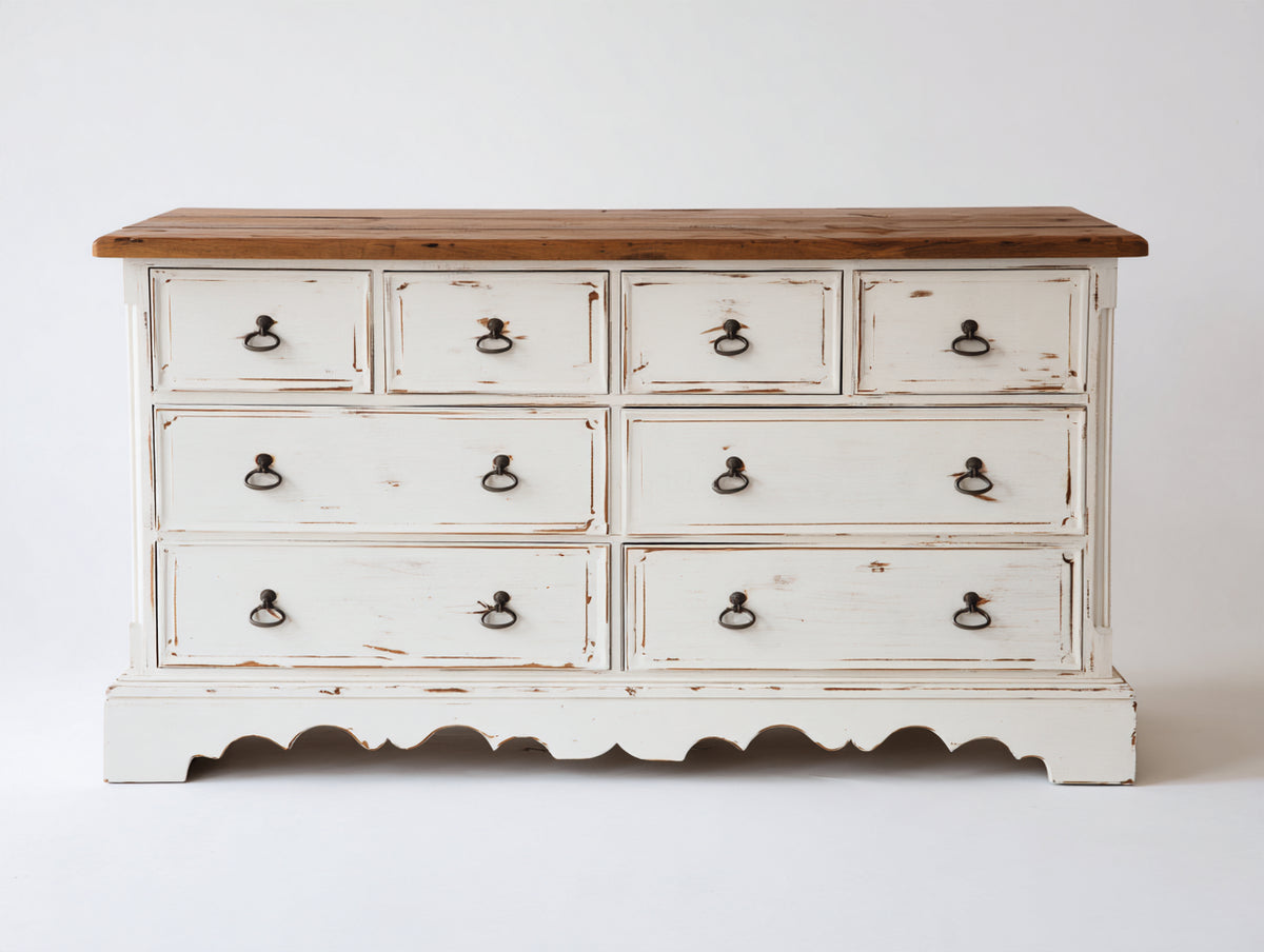 Commode - Bois - MDF - 140 x 45 x 88 cm - Blanc-Bois naturel - Style campagne vintage