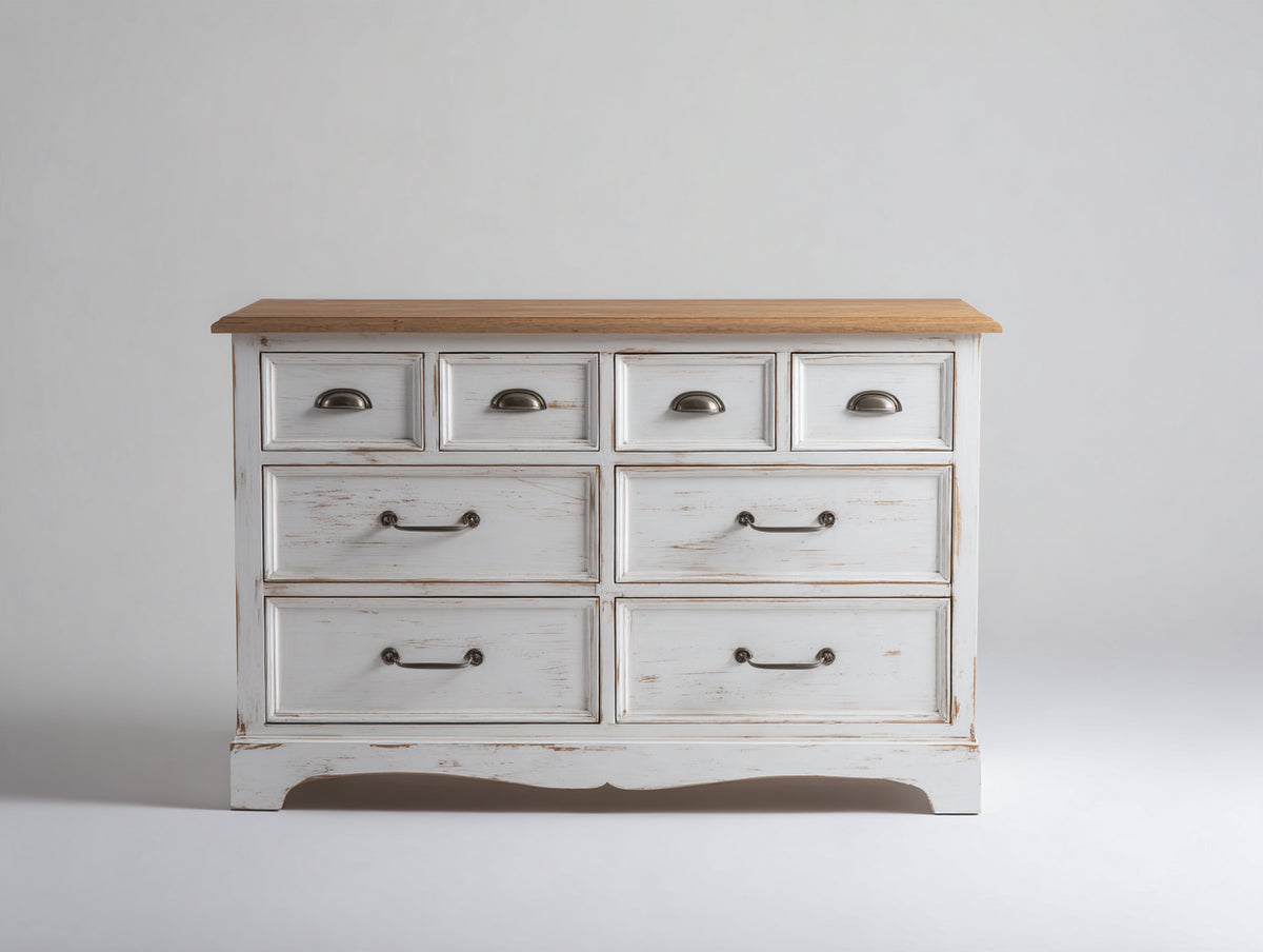 Commode - Bois - MDF - 126 x 44 x 84 cm - Blanc-Bois naturel - Style campagne vintage