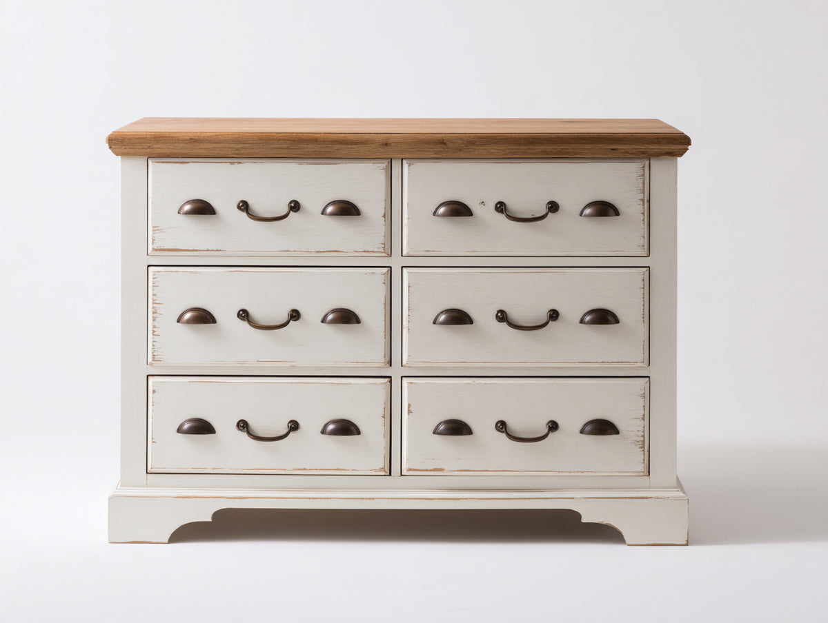 Commode - Bois - MDF - 122 x 45 x 88 cm - Blanc-Bois naturel - Style campagne vintage
